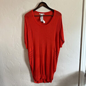MNG by Mango Size Large Sweater Dress Top - Red Knit Sheer Short Sleeve